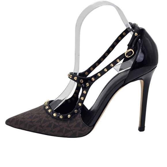 Michael Kors Studded Stiletto Heels Brown Black MK Monogram Pump Women's 8.5M - Picture 1 of 9